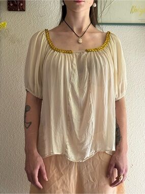 Cream Peasant Blouse with Metallic Gold Braid Collar S
